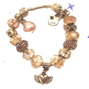 New romantic pink angel heart wing charm bead bracelet